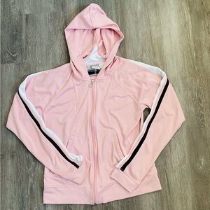 Nike Women's Pink Hoodie with White and Black Stripes